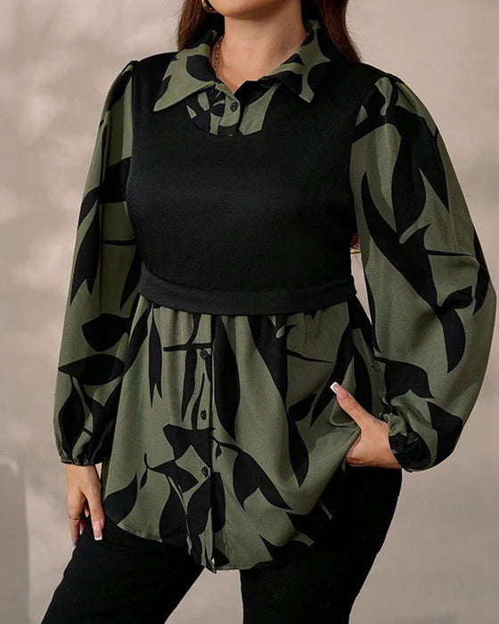 Fake Two-Piece Patchwork Leaf Print Top