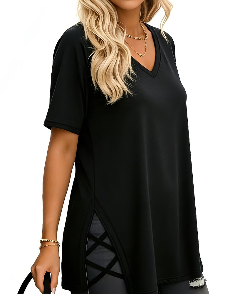 V-Neck Solid Color Simple T-Shirt