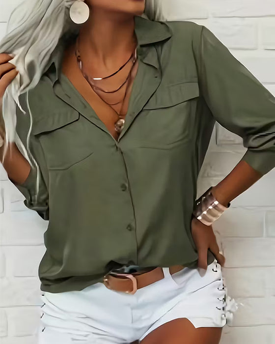 Women's Solid Color Shirt with Double Pockets