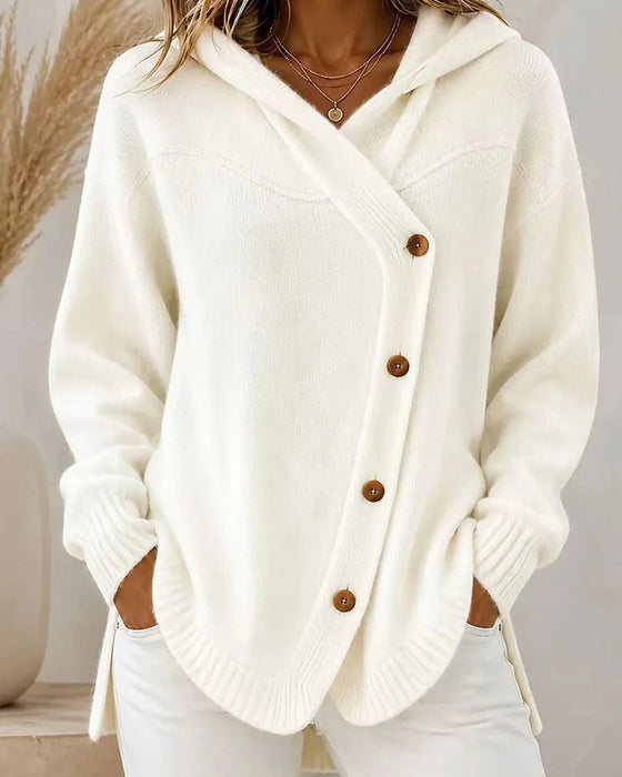 Buttoned Long Sleeve Hooded Pullover