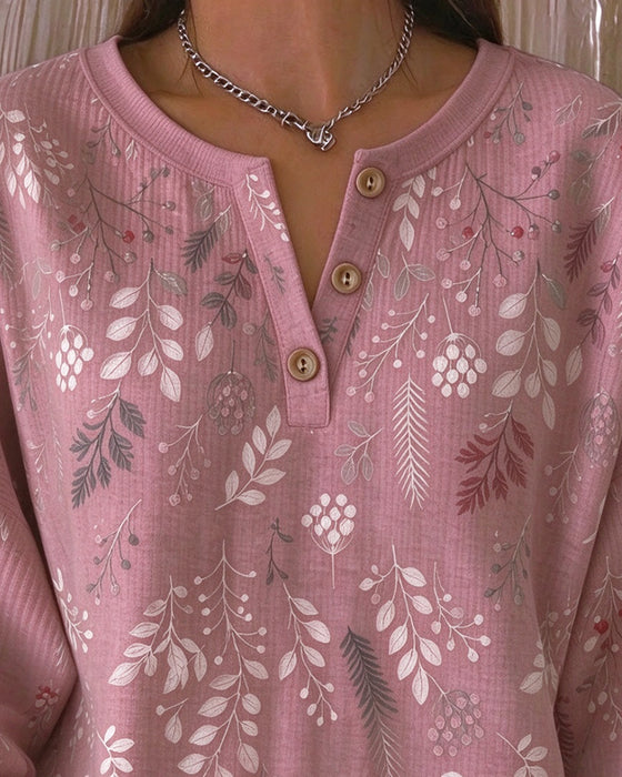 Waffle Henry Collar Floral Print Sweatshirt