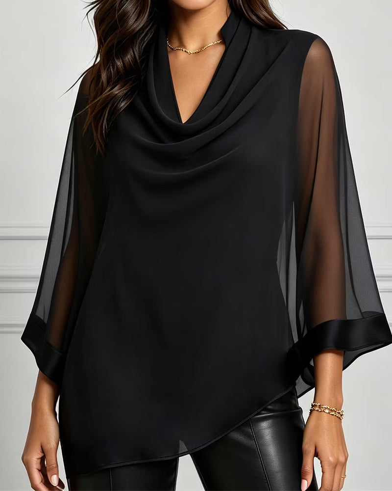 Cowl Neck Irregular Solid Sheer Blouse