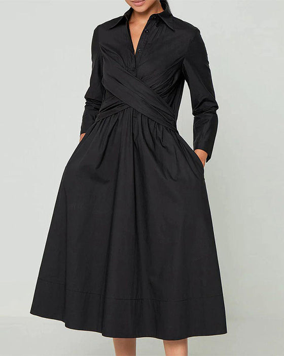 Lapel Cross Straped Dress with Pockets