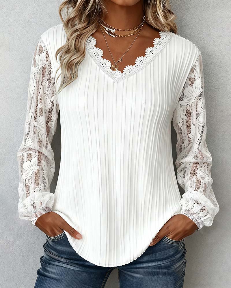 Lace-Trimmed V-Neck Ribbed Top