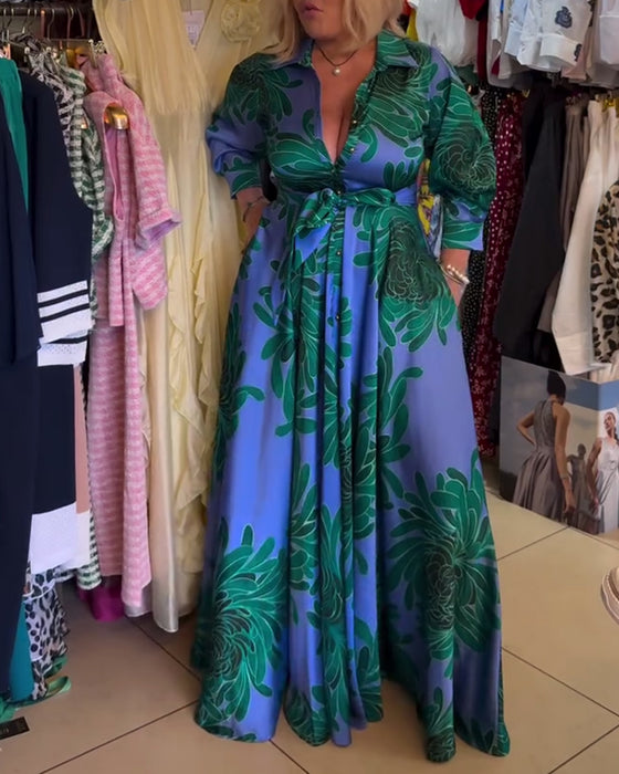 Long Sleeve V-Neck Waisted Swing Dress