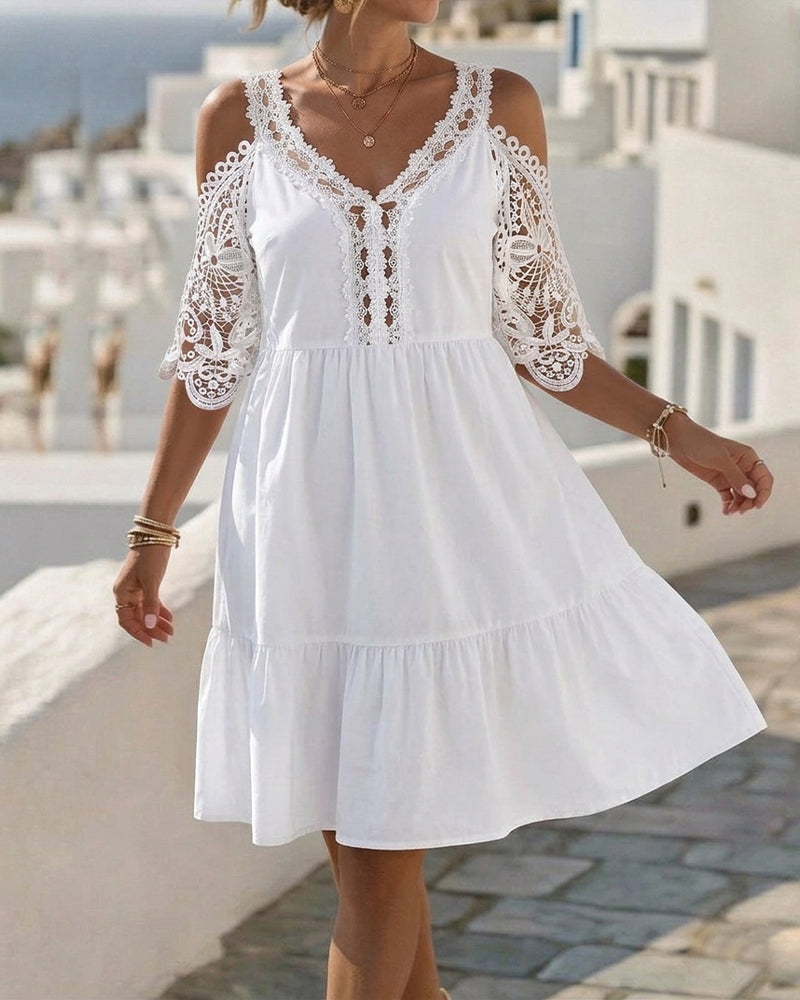 Lace Off-Shoulder Tiered Short Dresses