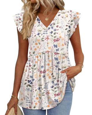 Watercolor Floral V-Neck Babydoll Blouse
