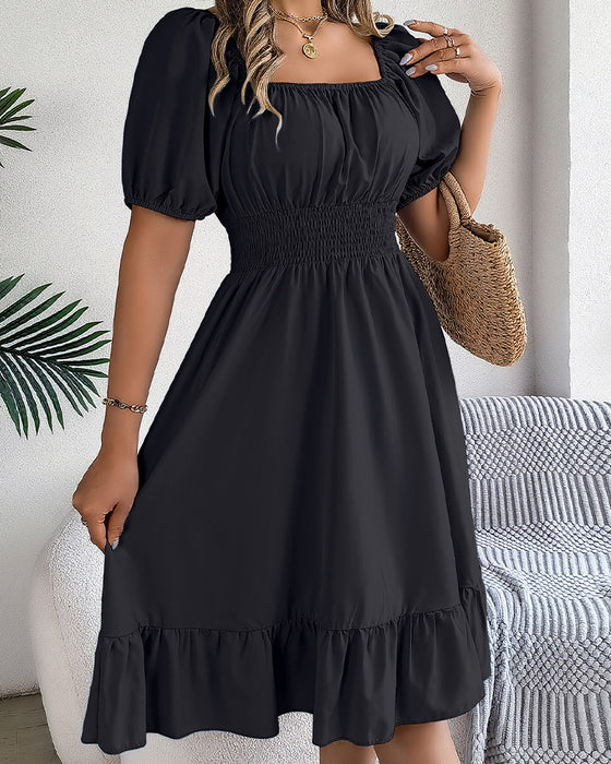 Square Neck Cinched Waist Ruffle A-Line Dress