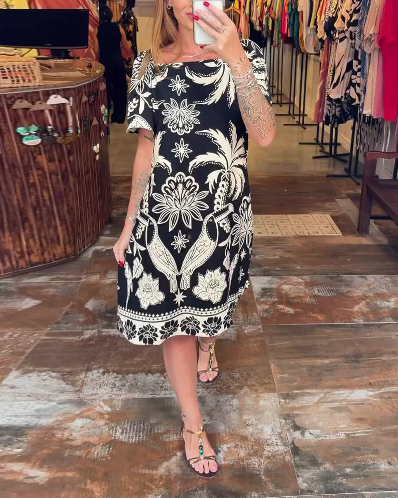 Wide Collar Straight Across Neck Print Dress