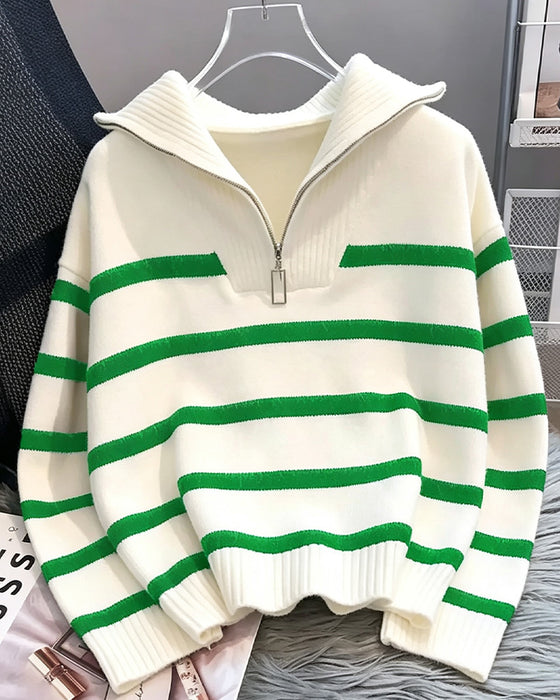 Lapel Zip Striped Long-Sleeve Pullover