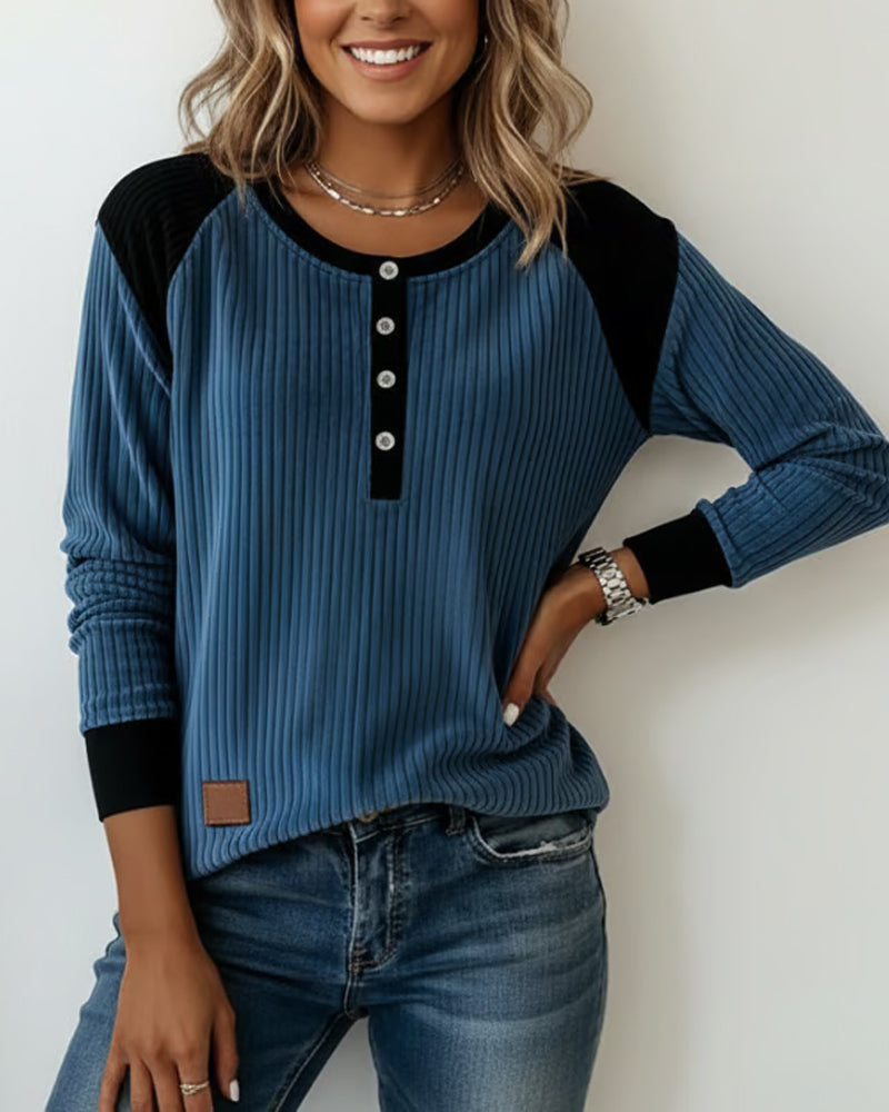 Button Ribbed Color-Block Top