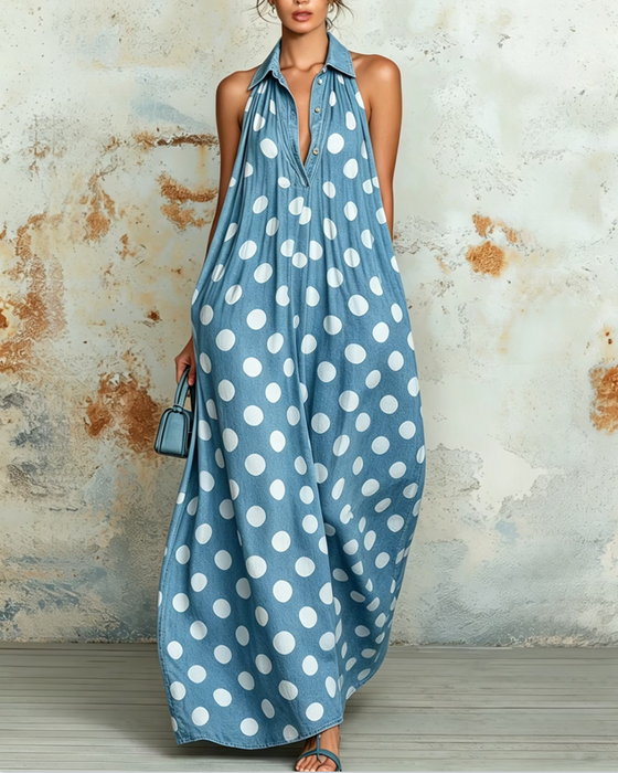 Polka Dot Halter Neck Sleeveless Dress