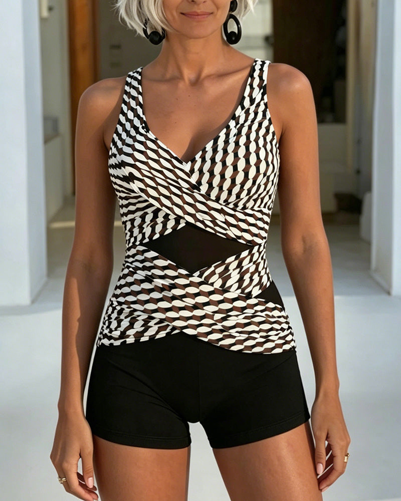 Geometric Print Crisscross Design Tankini
