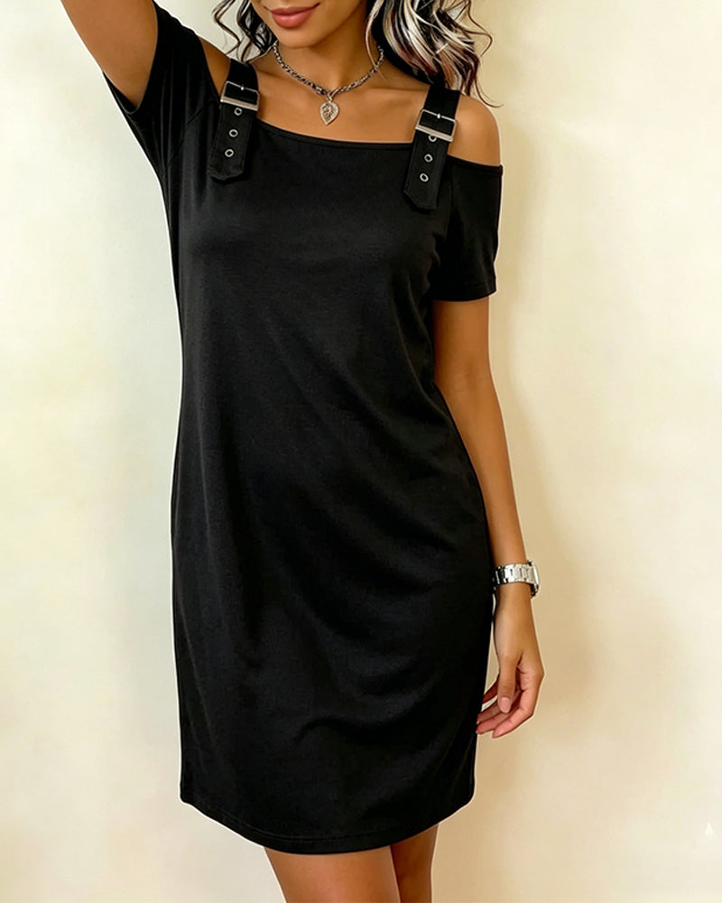 Metal Ring Off-Shoulder Solid Short Sleeve Dress