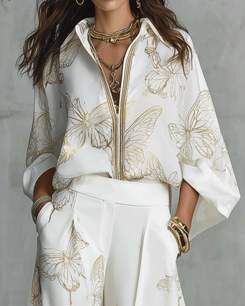 Casual Butterfly Print Two-Piece Set