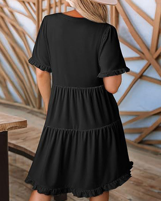Ruffle Trim V-Neck Tiered Hem Dress