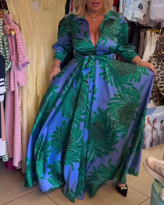 Long Sleeve V-Neck Waisted Swing Dress