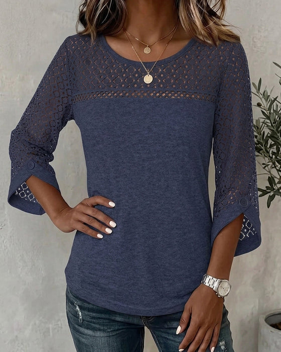 Hollow Out Long Sleeve Patchwork T-Shirt