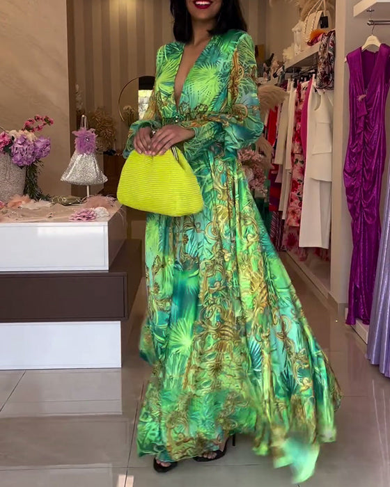 Deep V waisted high-end printed dress