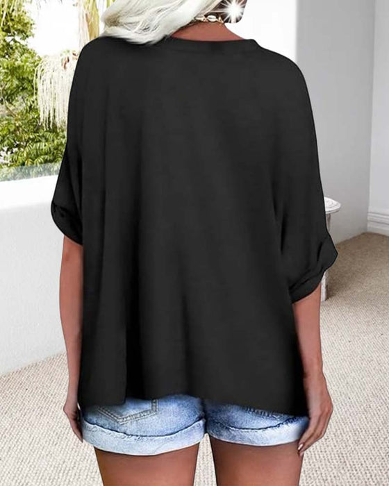 V-Neck Rolled-Hem Short-Sleeved Loose T-Shirt