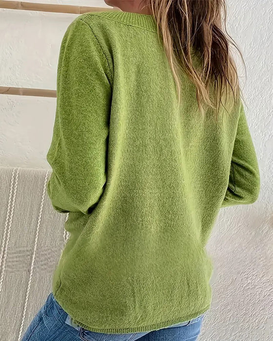 V-Neck Button Solid Color Pullover