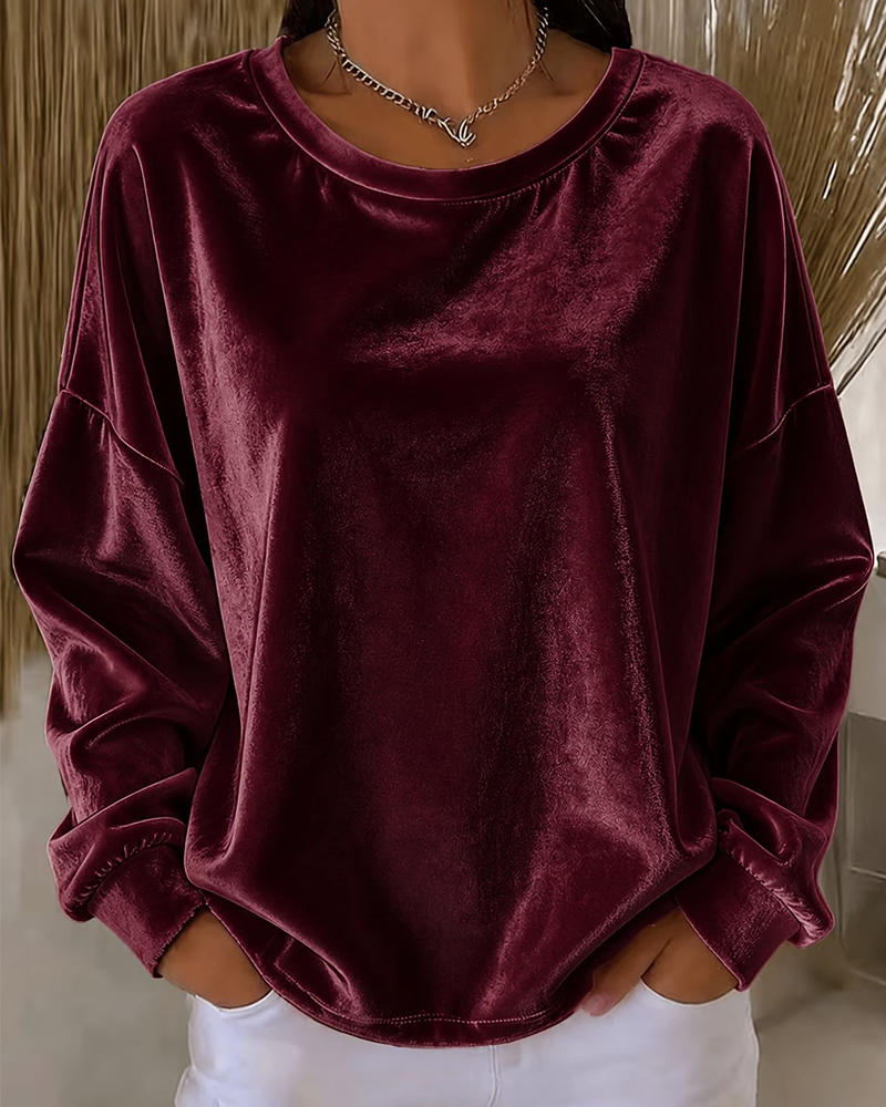 Crew Neck Drop Shoulder Relaxed Long Sleeve Blouse