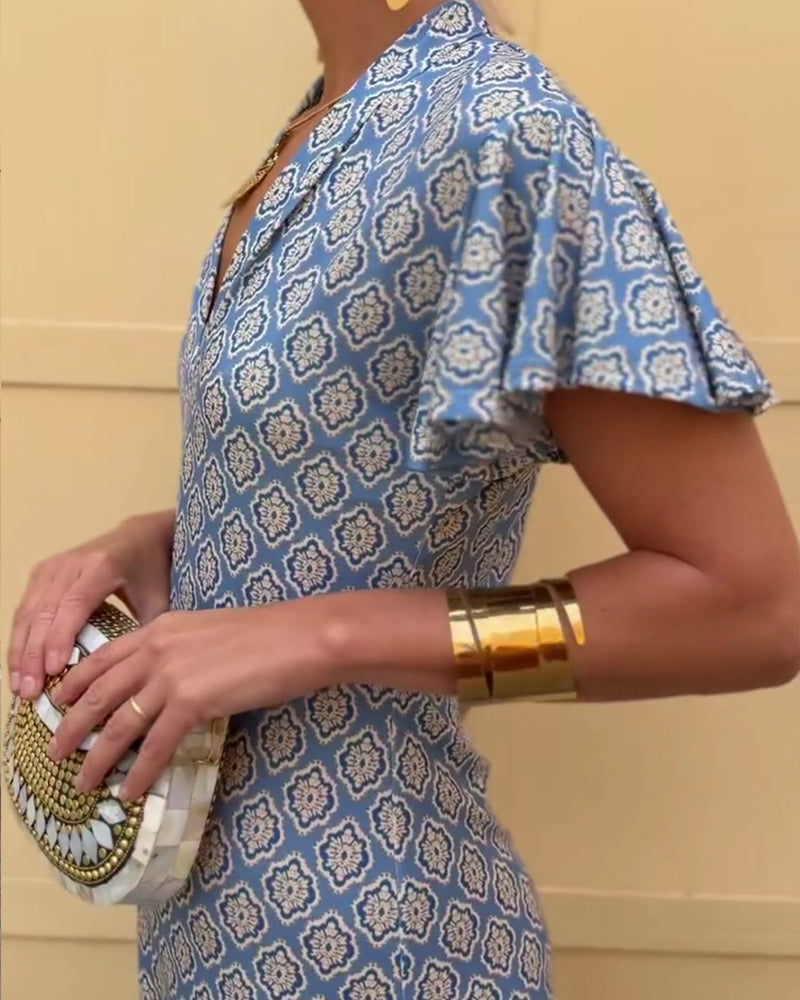 V-Neck Diamond Print Ruffled Sleeve Dress