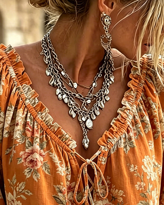 Floral V-Neck Tie Puff Sleeve Blouse