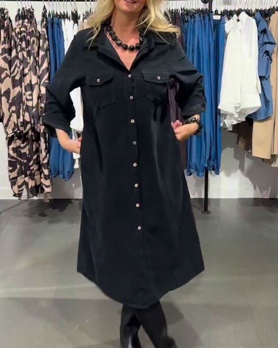 Lapel Pocket-Breasted Long Shirt Dress