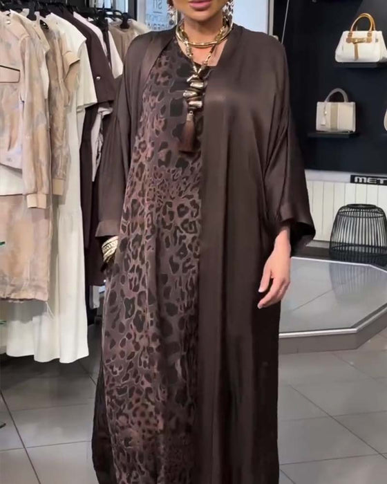 Leopard Spaghetti Strap Long Dress and Cardigan Sets