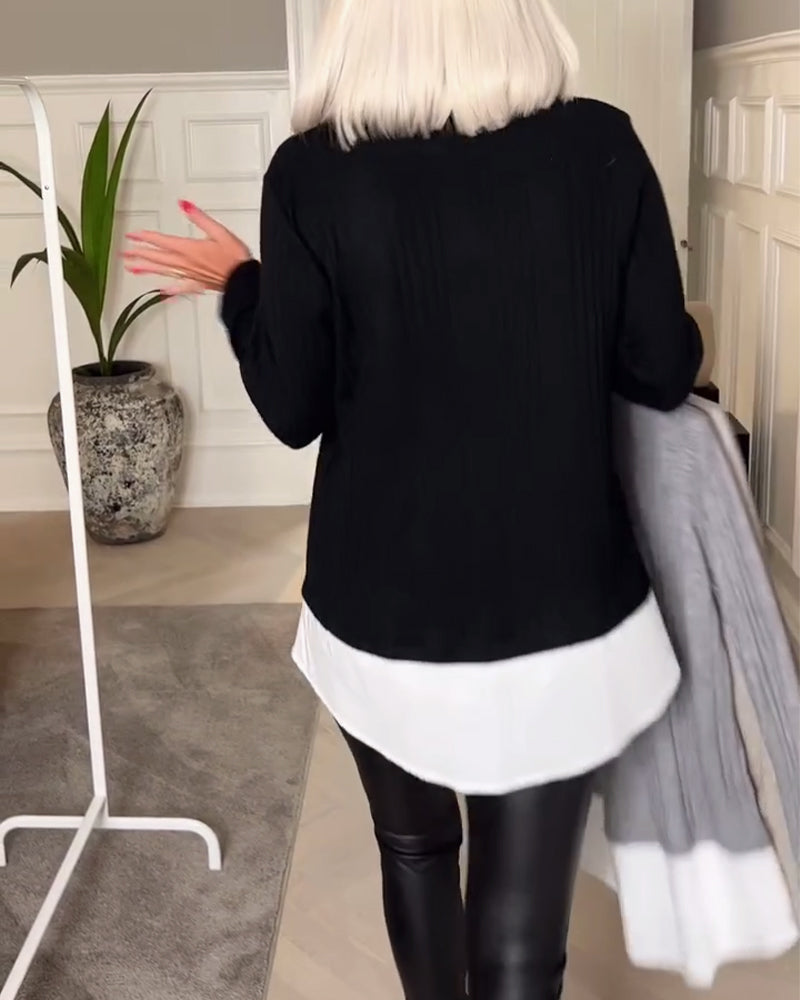 Casual lapel patchwork long sleeve fake two-piece top
