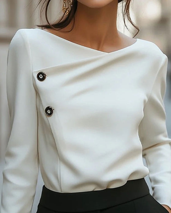 Crewneck Cross Button Long Sleeve Top