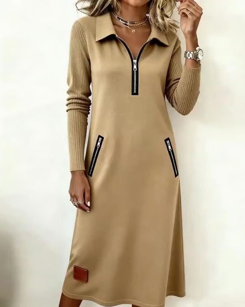 Lapel Half-Zip Shift Dress