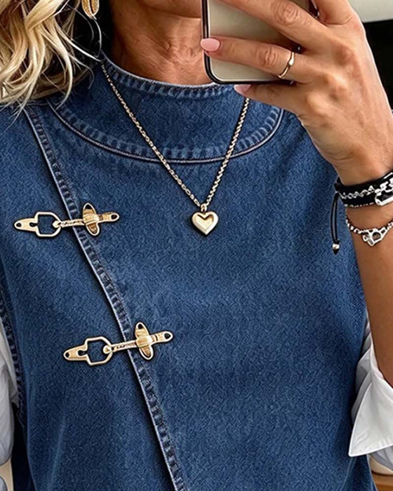 Slant-Button Stand-Collar Vest Shirt Set