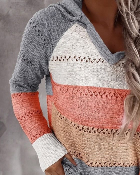 Color Block Cutout Hooded Knit Pullover