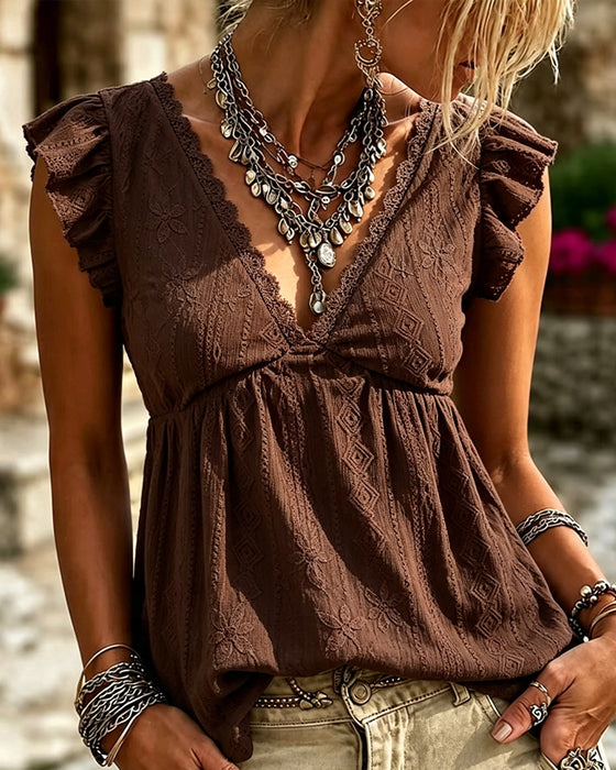 V-Neck Flutter Sleeve Lace-Trim Blouse