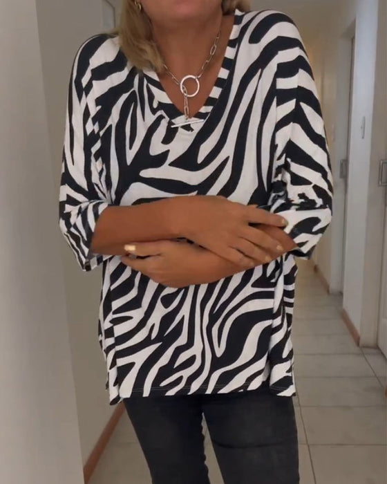 V-neck zebra print casual top