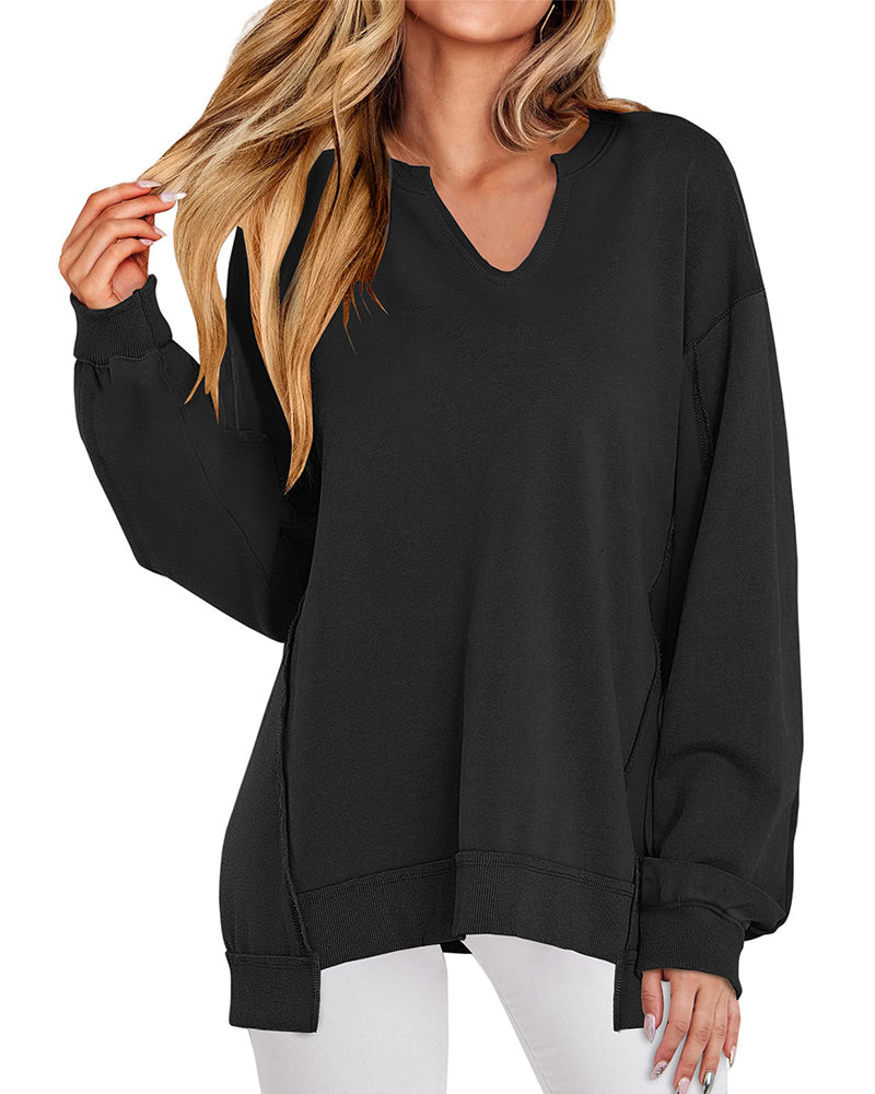 V-Neck Solid Color Loose Sweatshirt