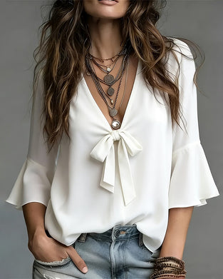 V-Neck Bow Flare Sleeve Blouses