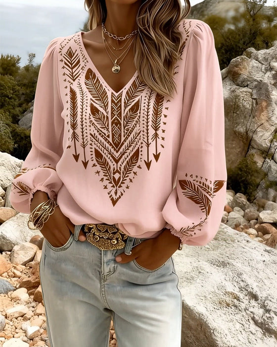 Puffed Sleeve V-Neck Loose Blouse