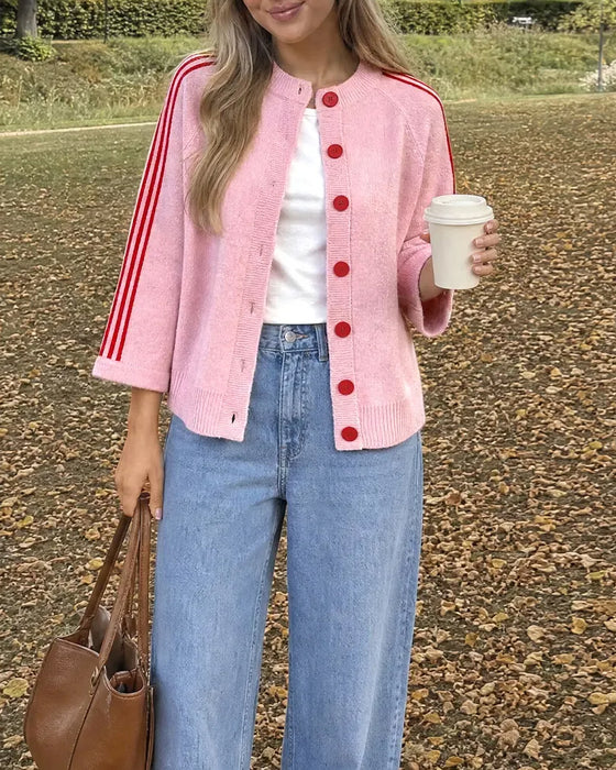 Striped 3/4 Sleeve Button Cardigan