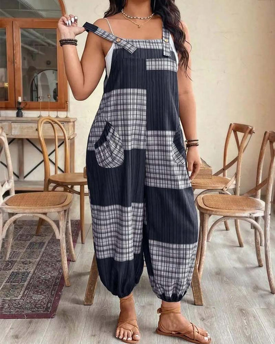 Plaid Color-Block Overall Jumpsuit