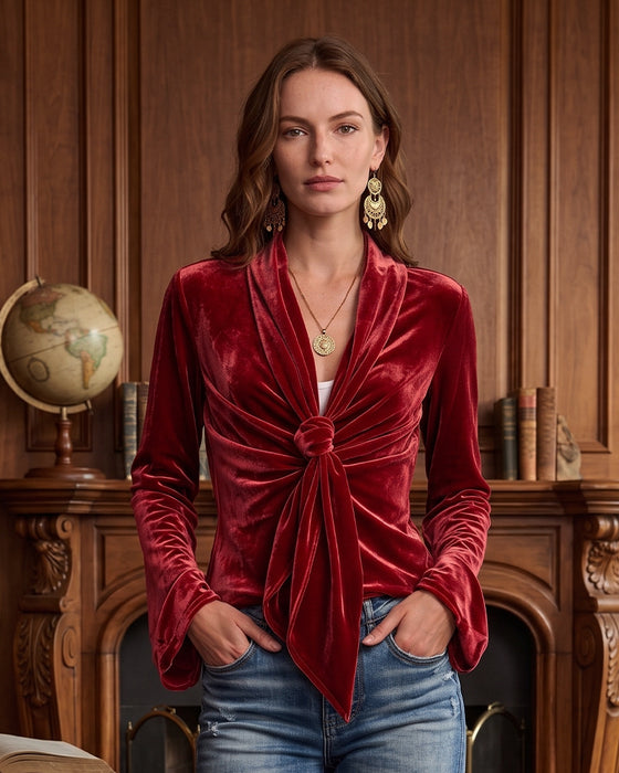 V-Neck Knot Shirred Long-Sleeved Top