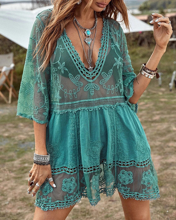 V-Neck Lace Embroidered Smock