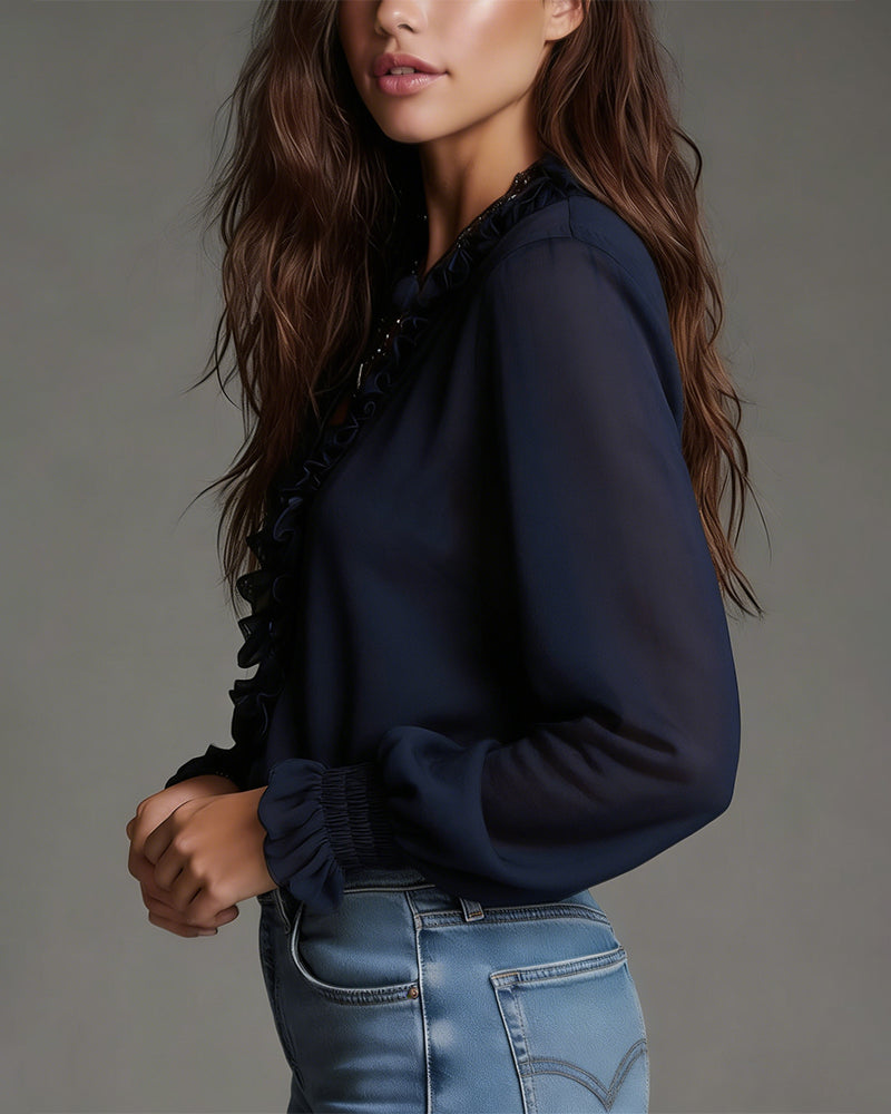 Half-Zip Collar Ruffled Solid Color Blouse