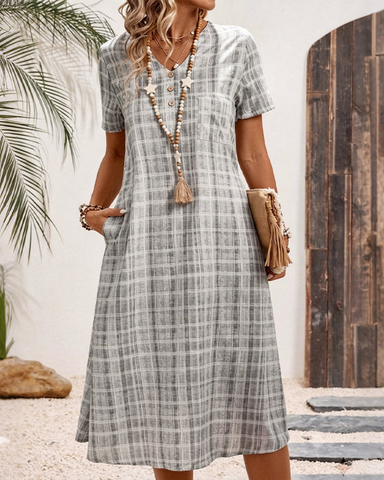 V-Neck Button Plaid Pocket Dress