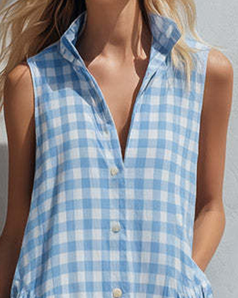 Lapel Blue And White Check Sleeveless Dress