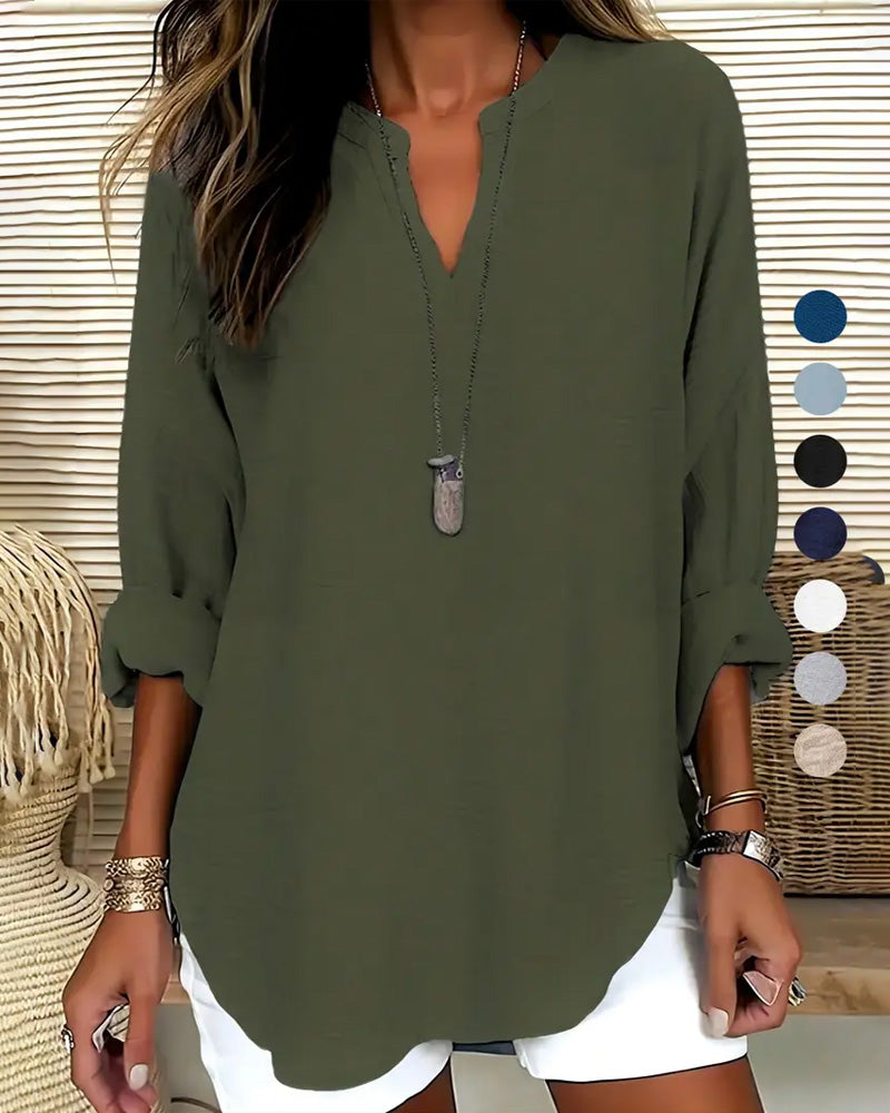 V Neck Irregular Solid Color Long Sleeve Blouse