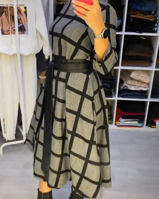 A-Line Plaid Dress with Round Neck