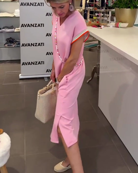 Lotus Leaf Sleeve V Neck Casual Slit Dress